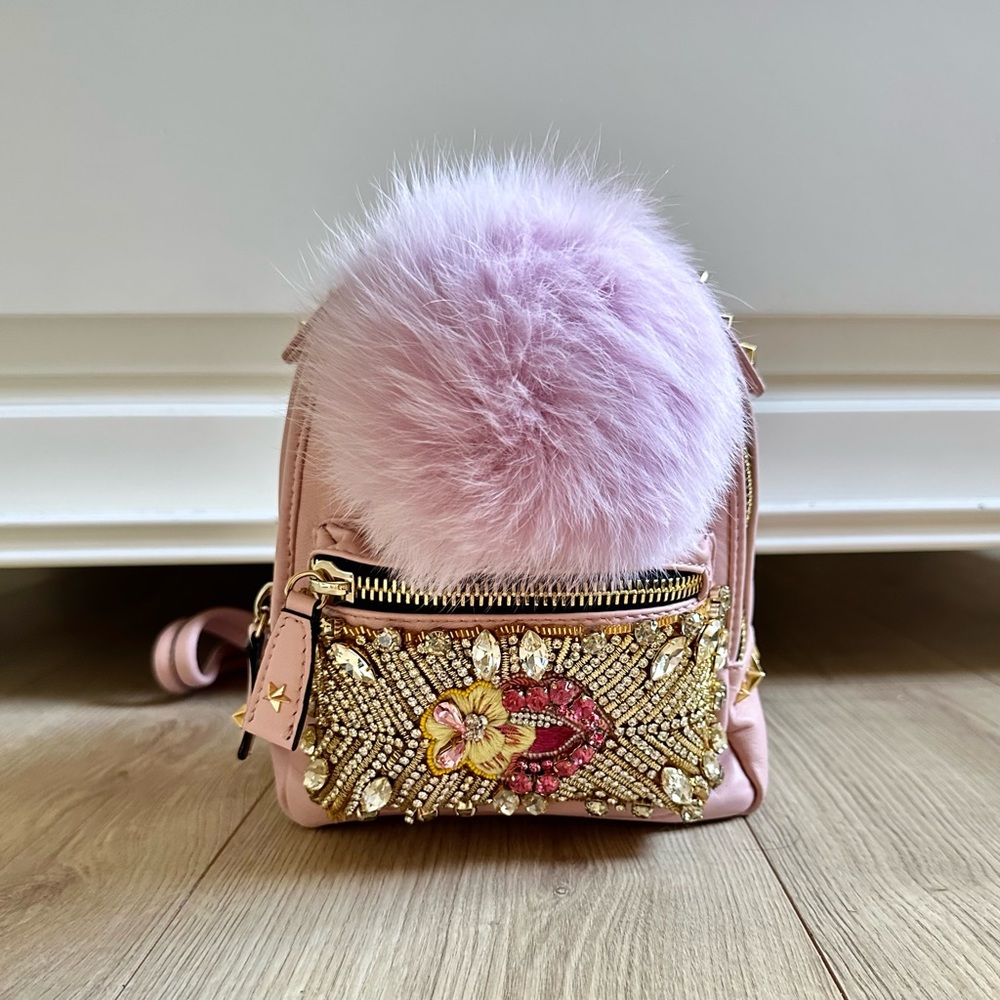 GEDEBE Pink Crystal Embellished Pom Pom Mini Backpack Brand New